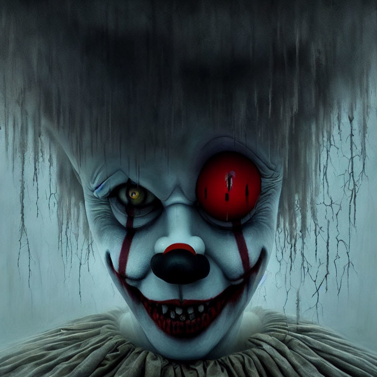 Creepy clown with cracked white face and red eye in gloomy setting