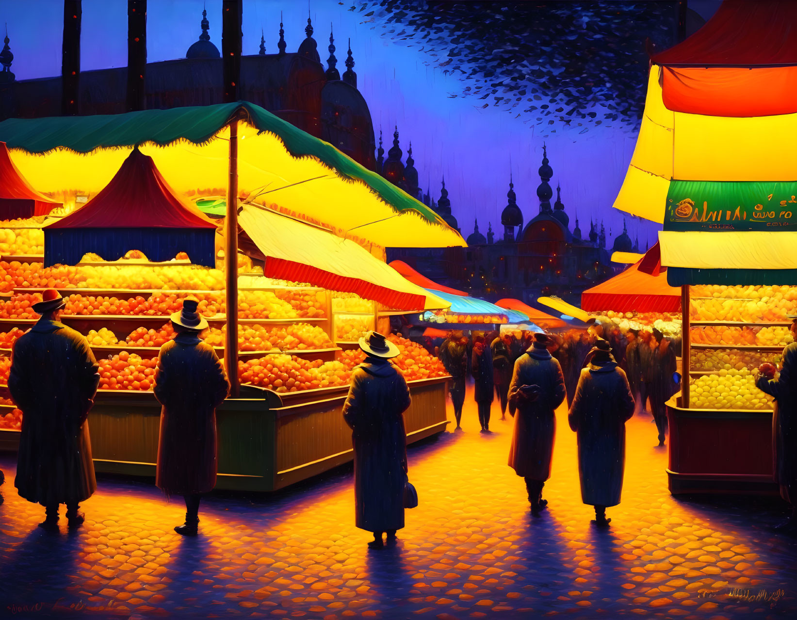 Colorful Night Market Scene with Fruit Stalls and People in Coats