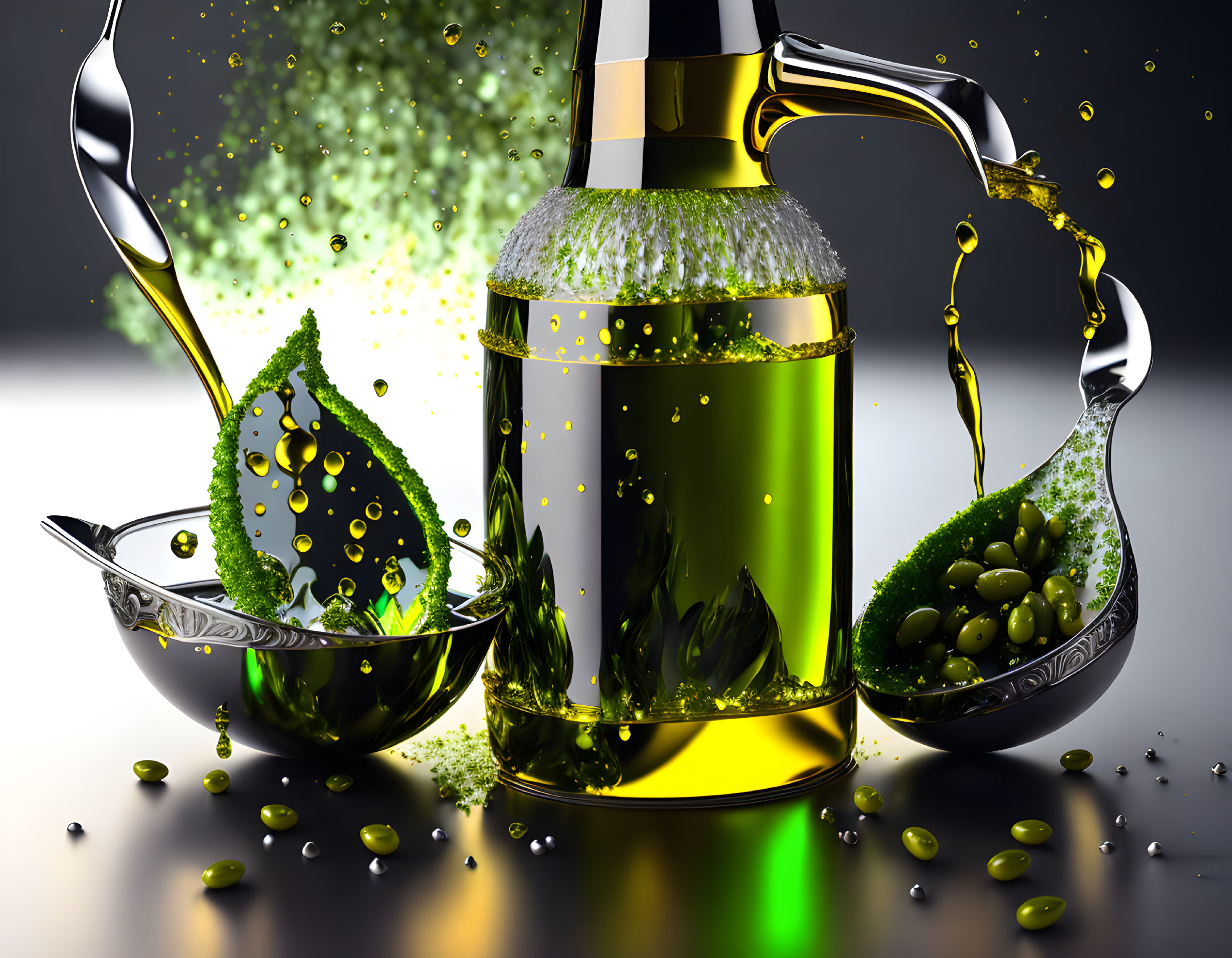 Metallic containers with olive oil and olives in dynamic liquid motion