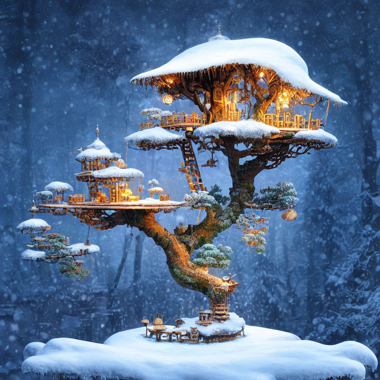 Snow-covered treehouse with glowing windows in magical winter scene