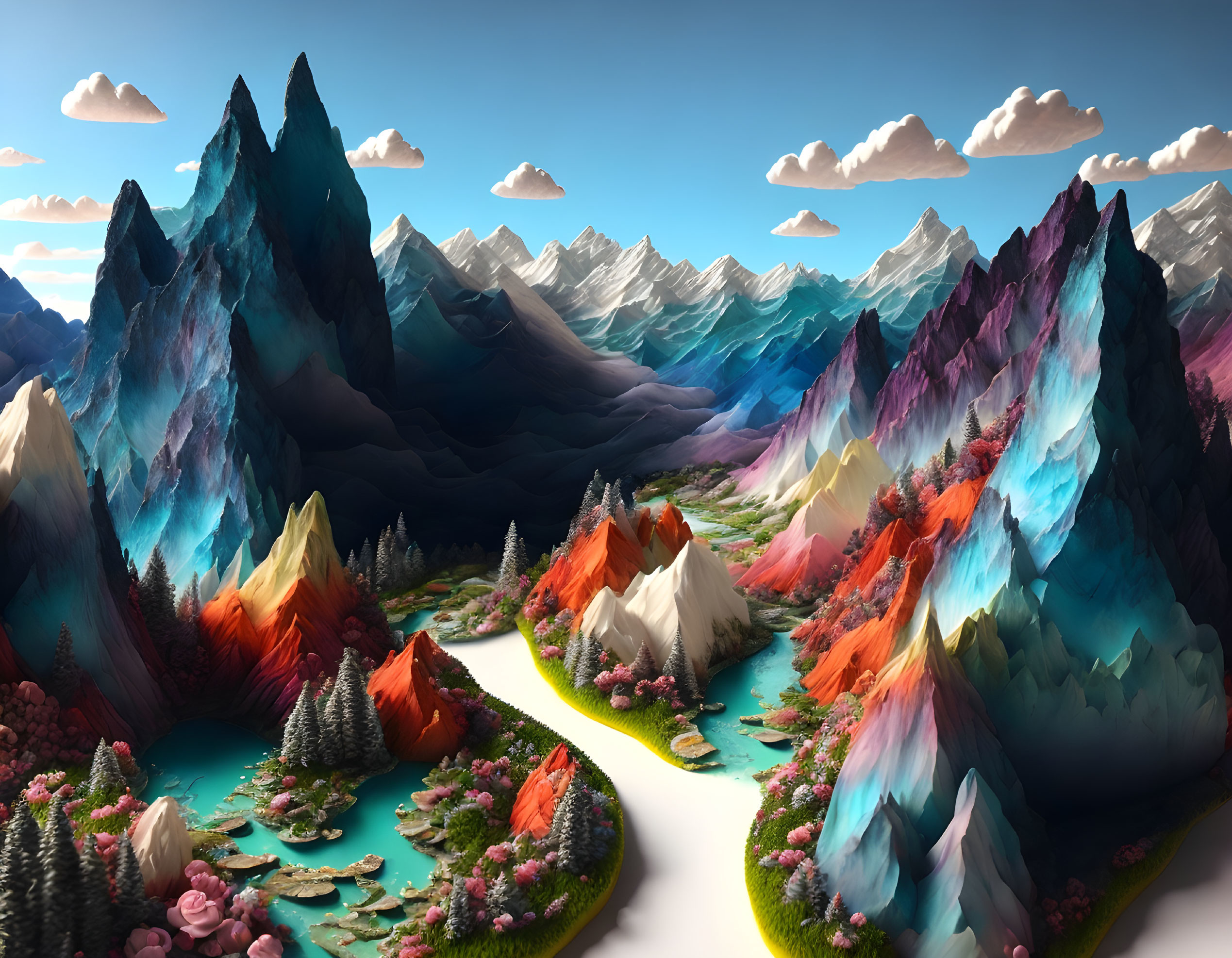 Multicolored mountains, river, and lush forests in surreal landscape