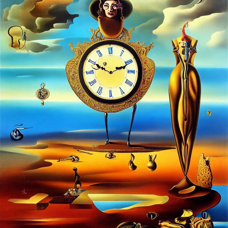 Surrealist painting: melting clocks, distorted face, desert, calm sky, abstract figures