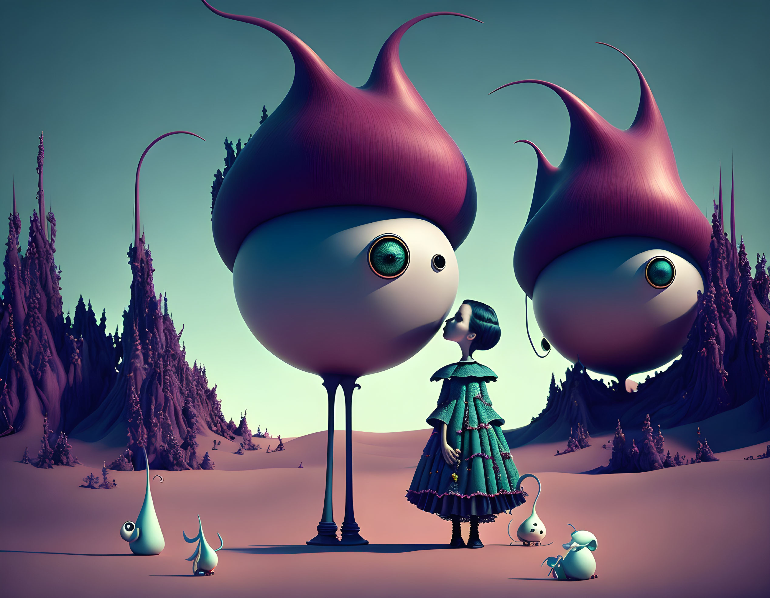 Exaggerated characters with large eyes in surreal purple landscape