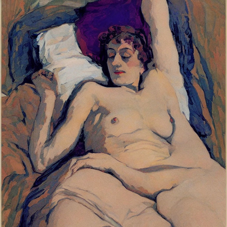 Expressive reclining nude woman with purple hat in bold colors