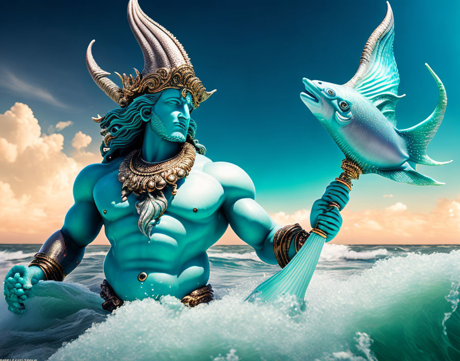 Blue-skinned figure with trident in ocean under cloudy sky