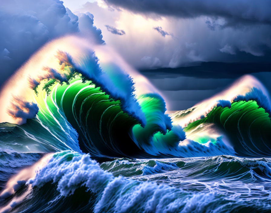 Vibrant green waves with rainbow mist against stormy skies