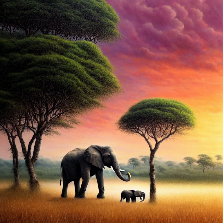 Adult elephant and calf walking in savannah at sunset with silhouette trees.