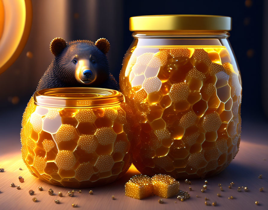 Whimsical digital artwork: small bear, honey jars, honeycomb patterns