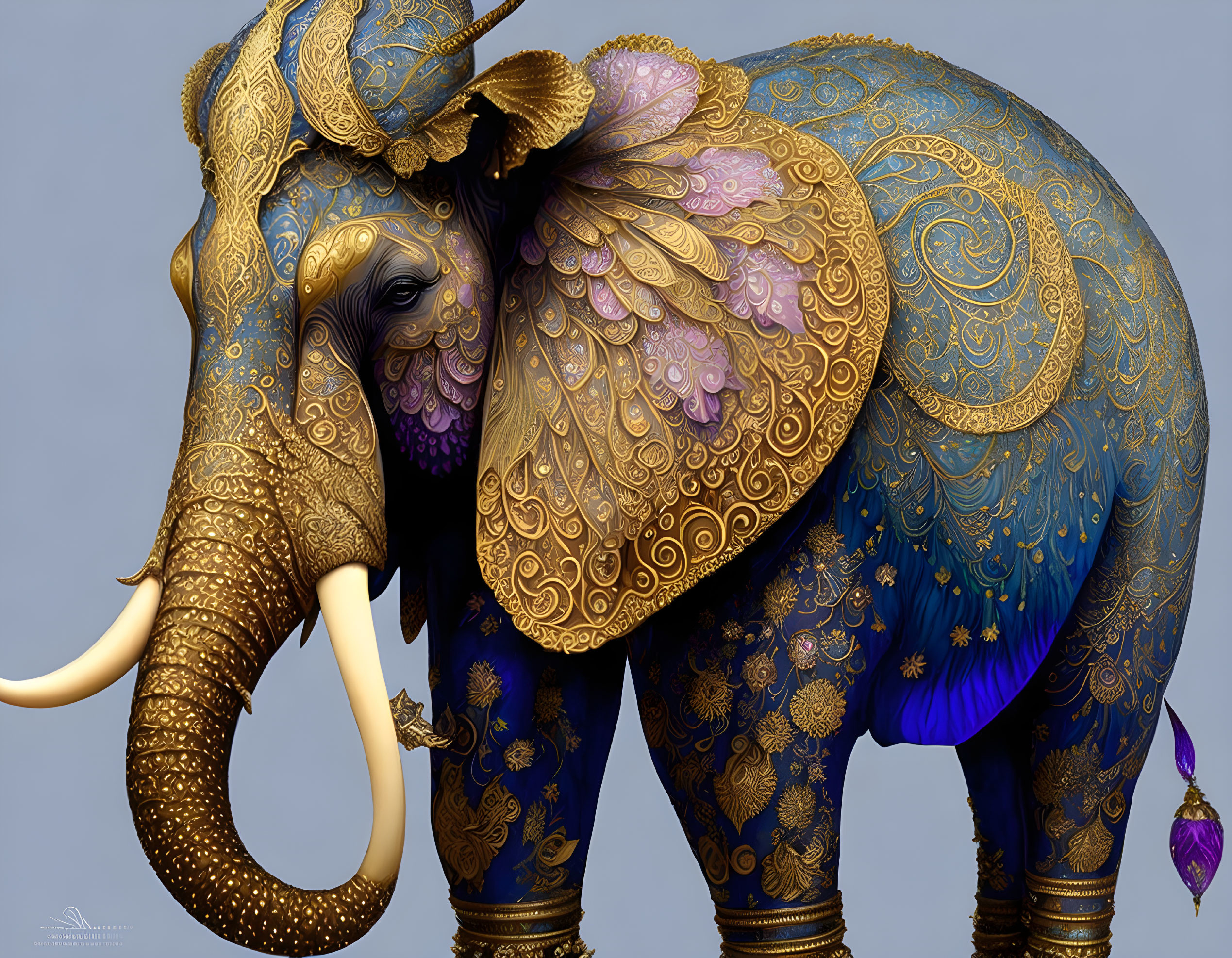 Blue and Gold Ornate Elephant with Jewel Ear Decoration