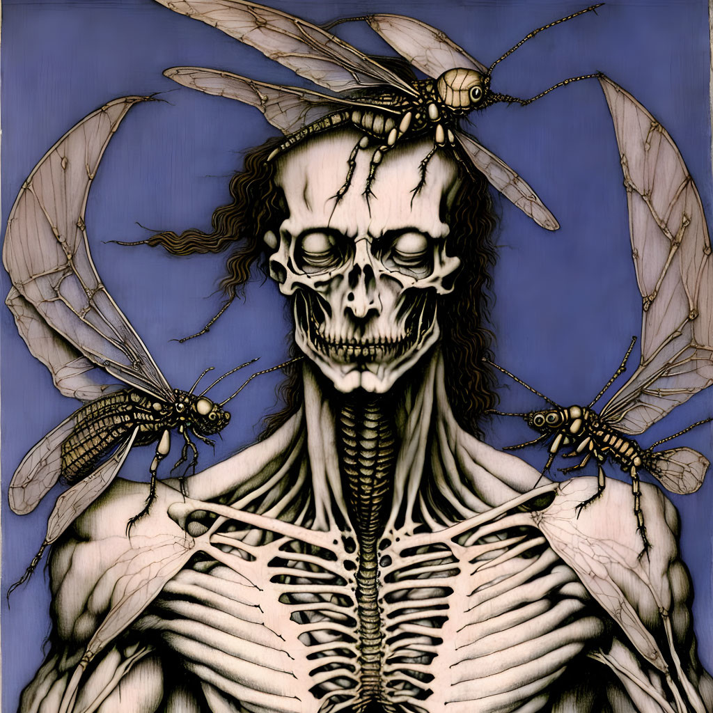 Illustration of skeletal figure with dragonflies on blue background