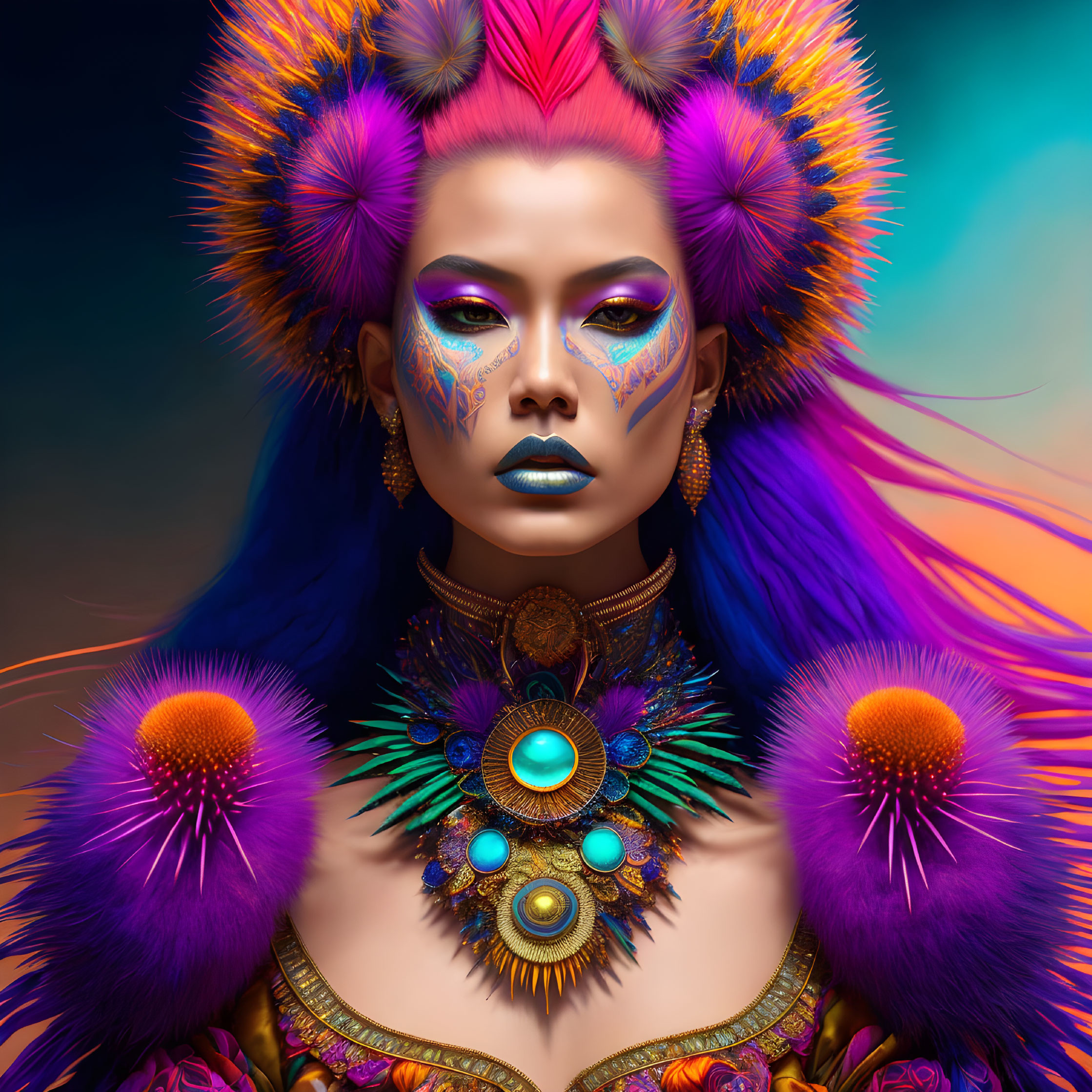 Colorful digital portrait of woman with purple hair and feather headdress