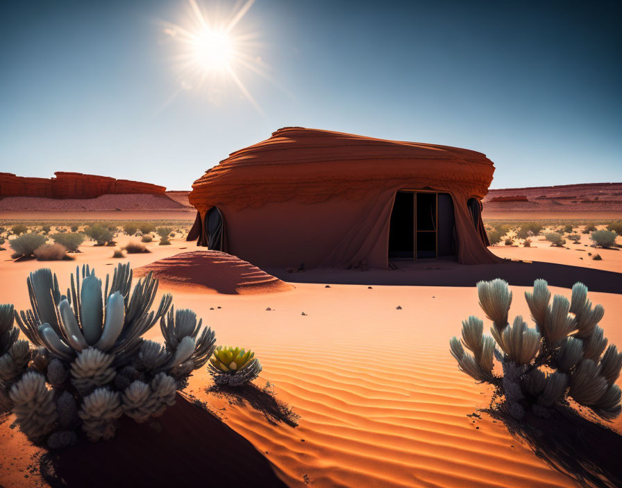 Traditional tent in vibrant desert landscape with blue skies and green plants