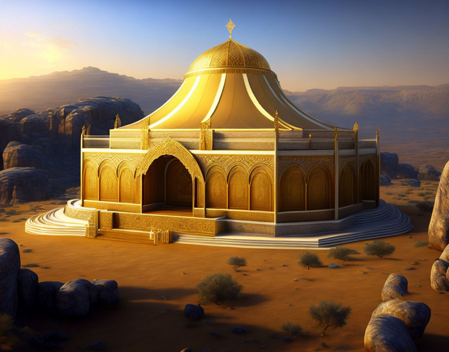 Golden palace with domed roof in desert sunrise landscape