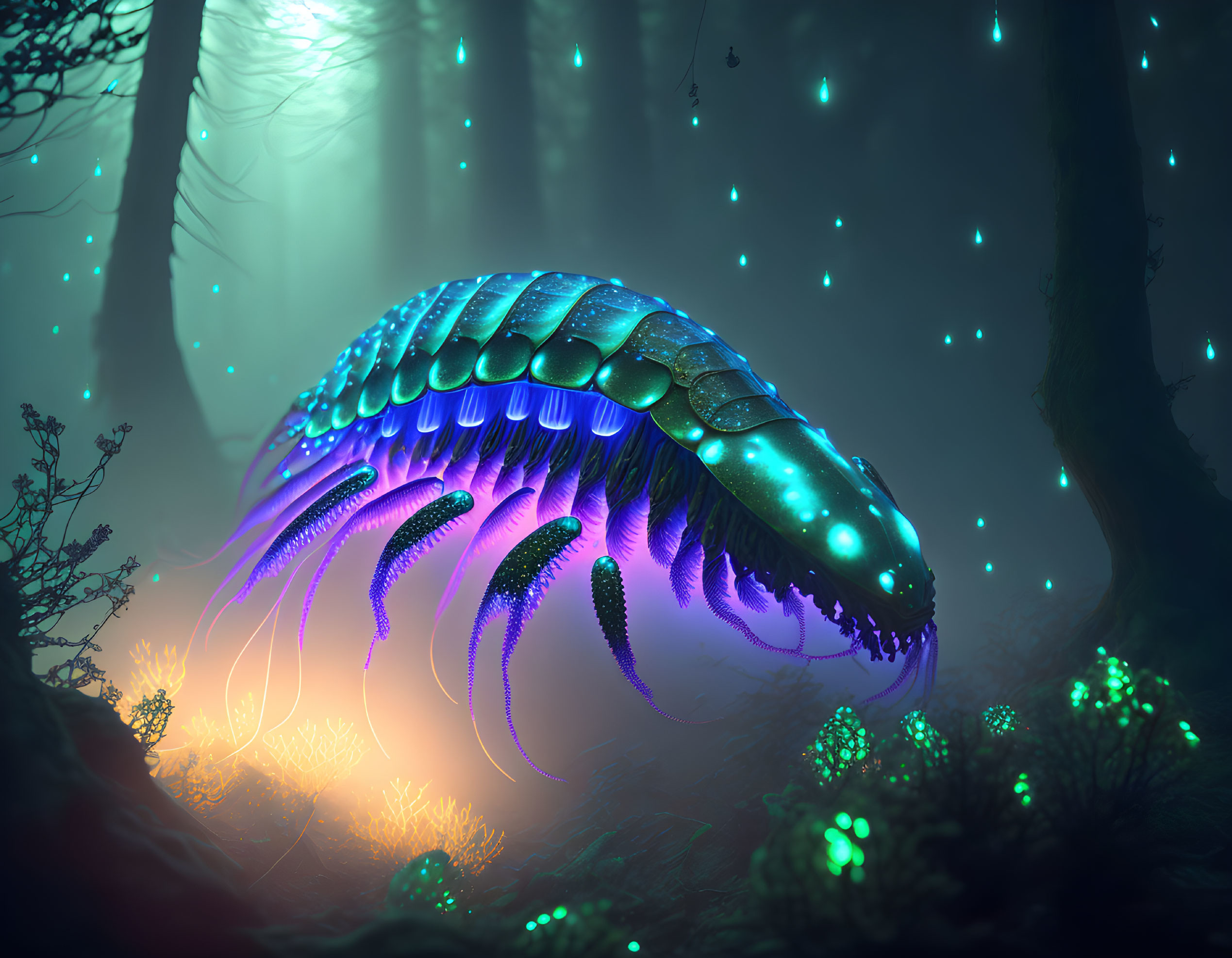 Bioluminescent segmented creature in mystical forest