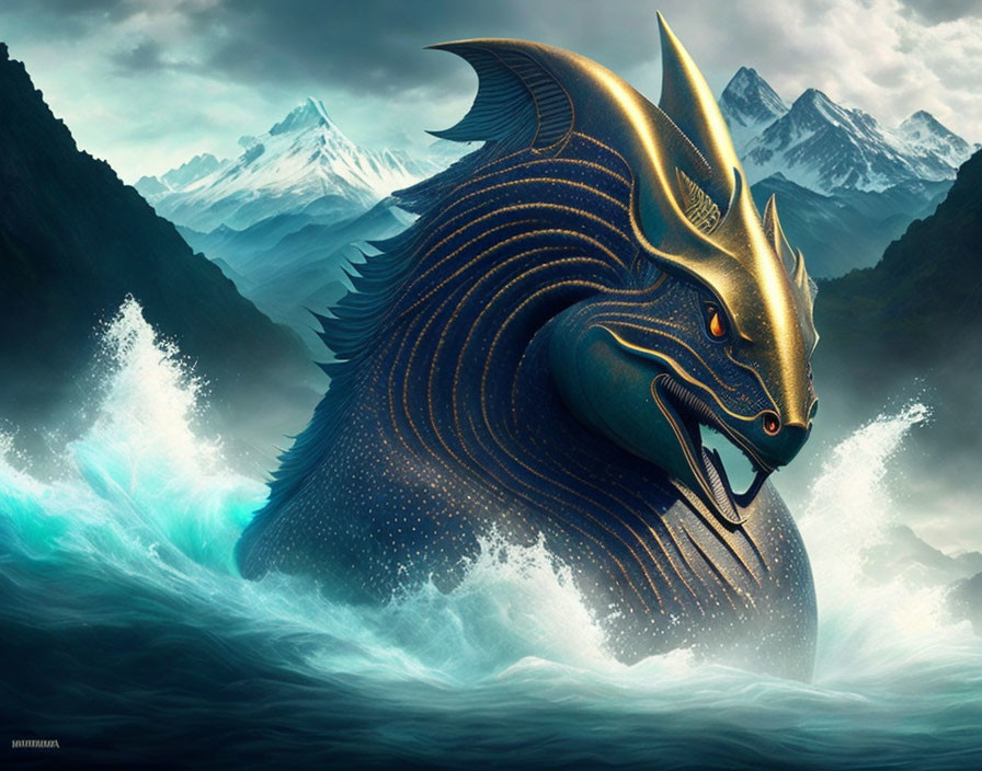 Mythical dragon emerging from ocean waves with snowy mountains