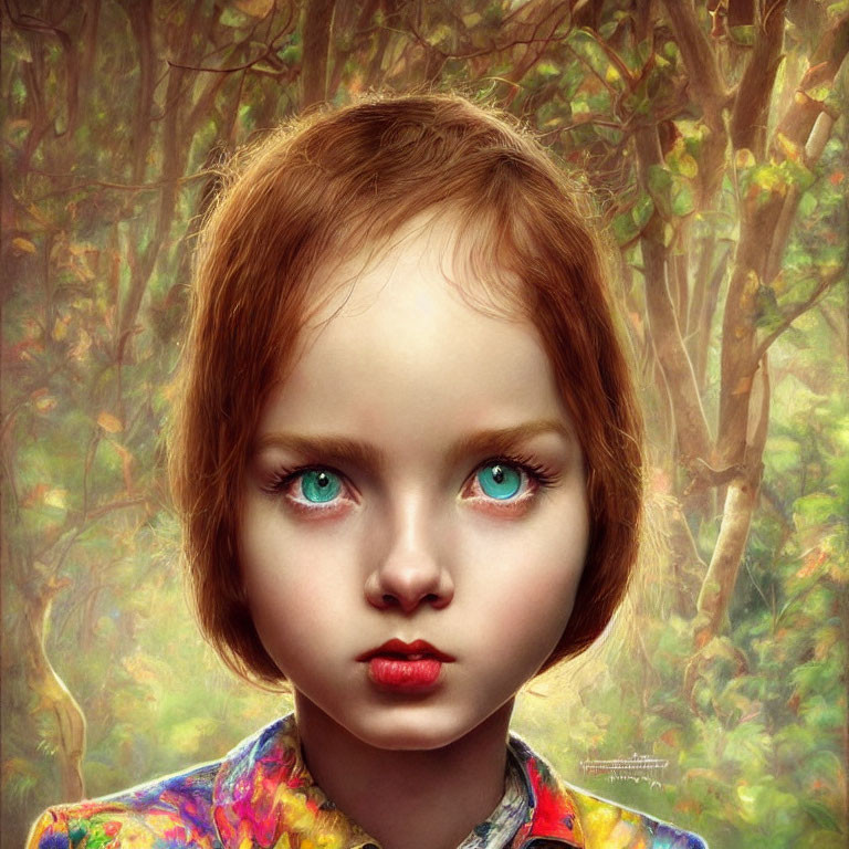 Colorful blouse girl portrait against forest backdrop