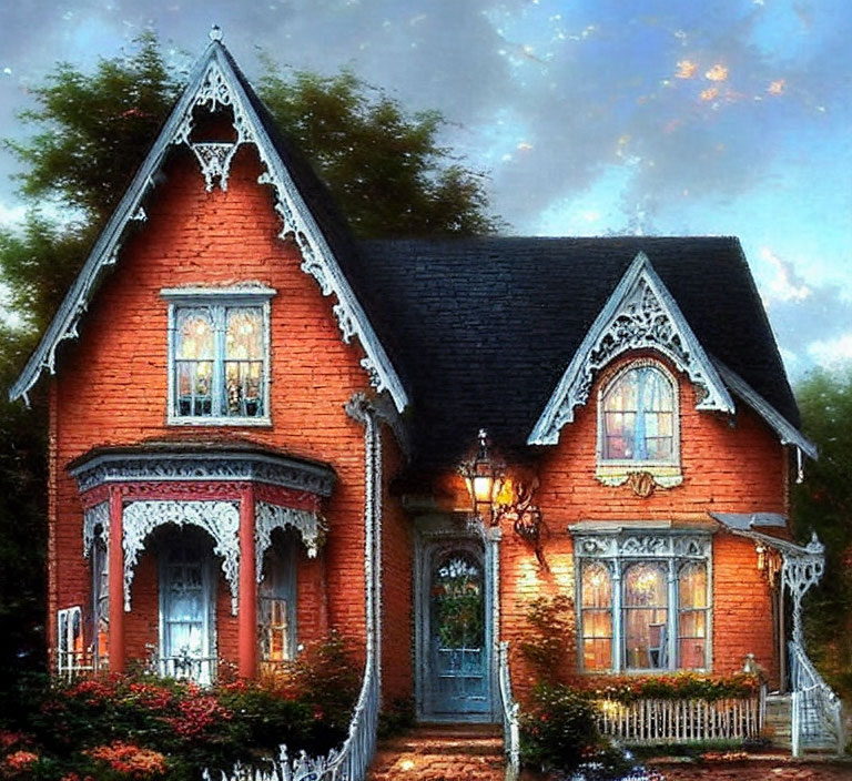 Victorian-style red house with white trim and fence at dusk