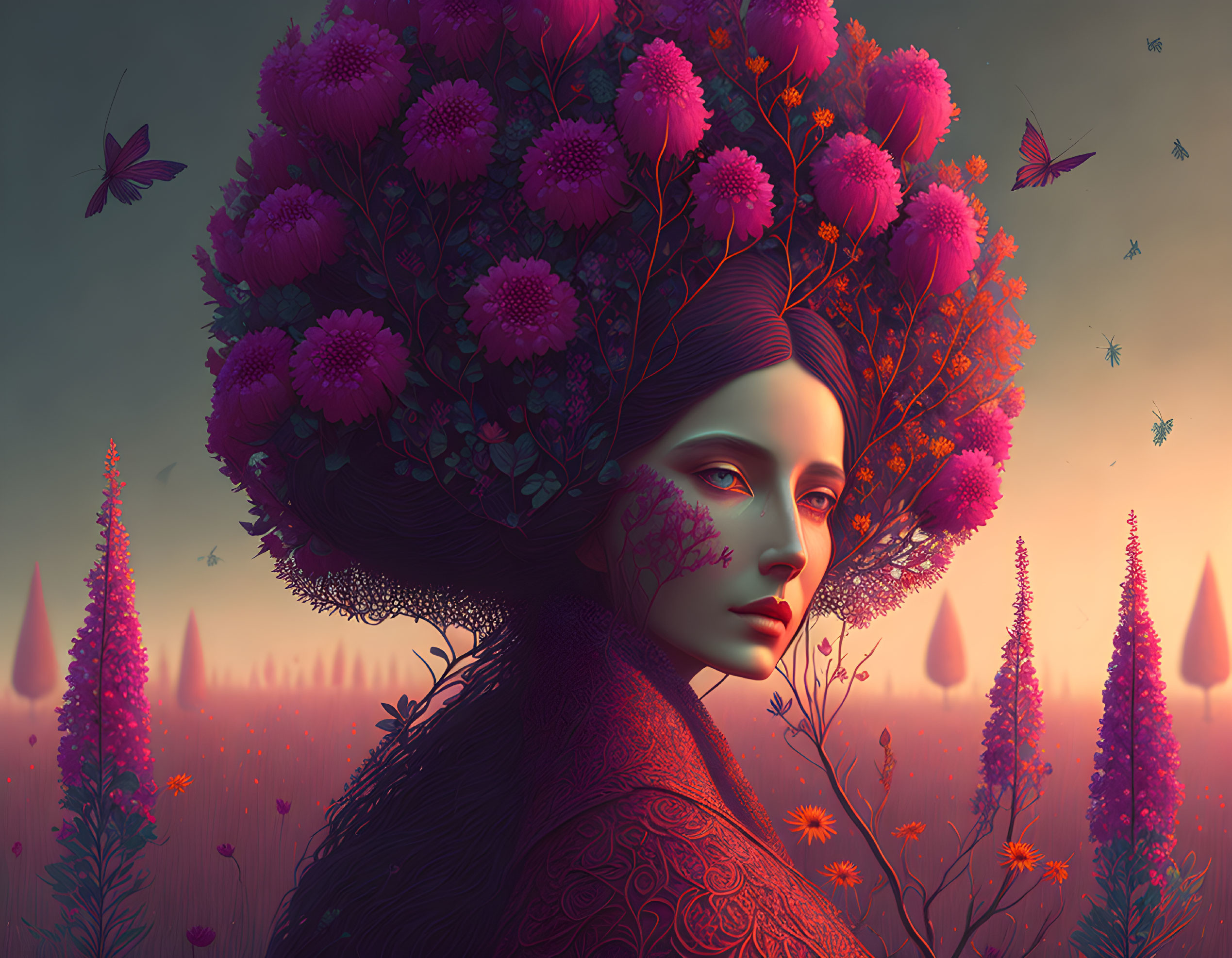 Woman portrait with floral hair in surreal landscape with butterflies