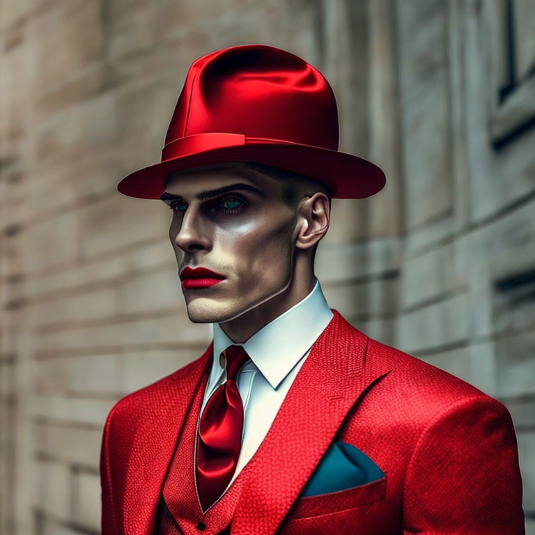 Man with Red Stylized Makeup and Attire in Architectural Setting