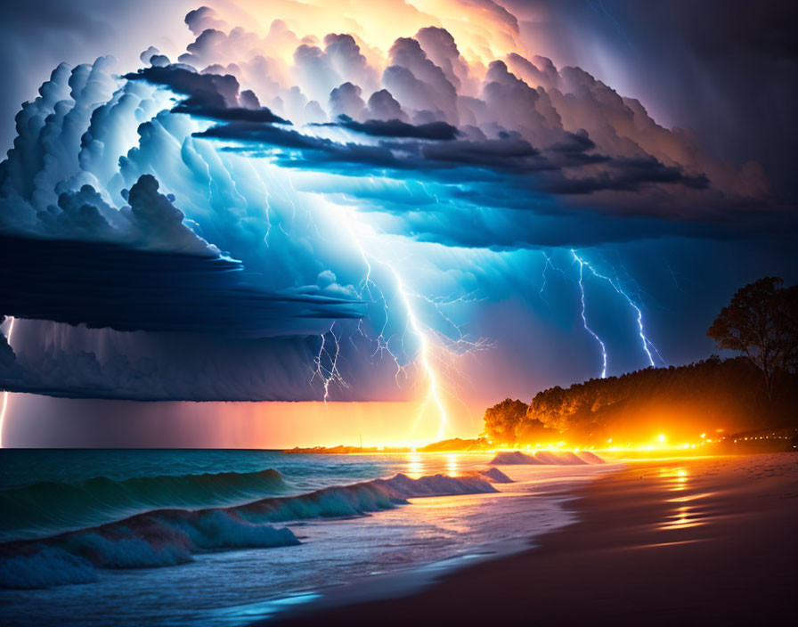 Dramatic coastal scene: lightning storm over ocean at night