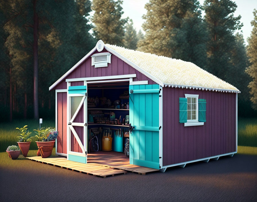 Colorful Garden Shed with Open Teal Door in Serene Wooded Setting