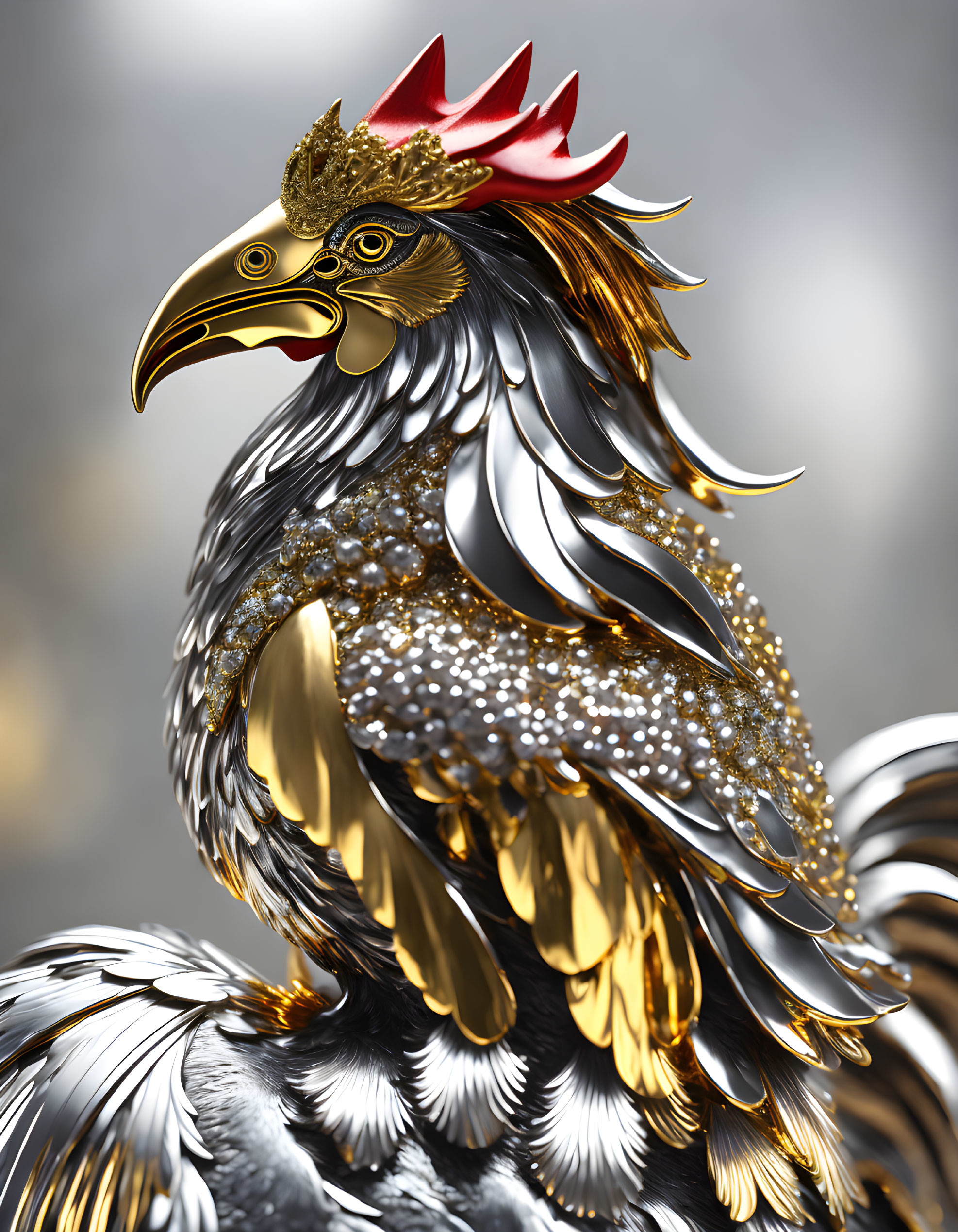 Metallic rooster with golden feathers and jeweled chest.