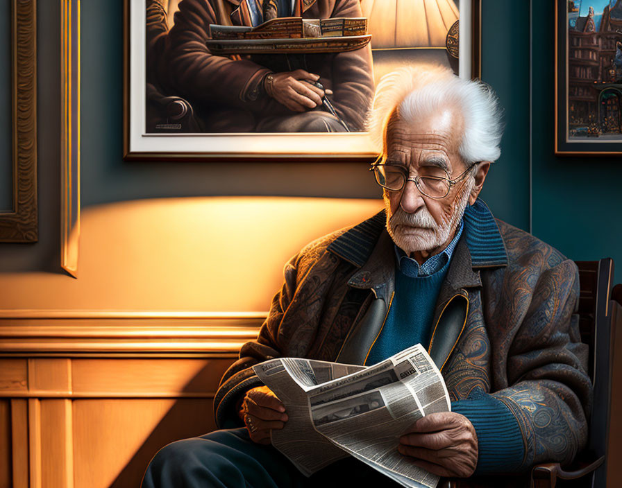 Elderly man with white hair reading newspaper in cozy room