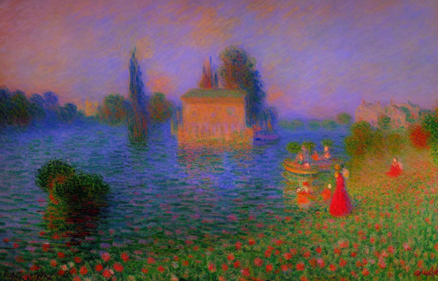 Hazy river scene with blooming flowers, boat, and misty buildings