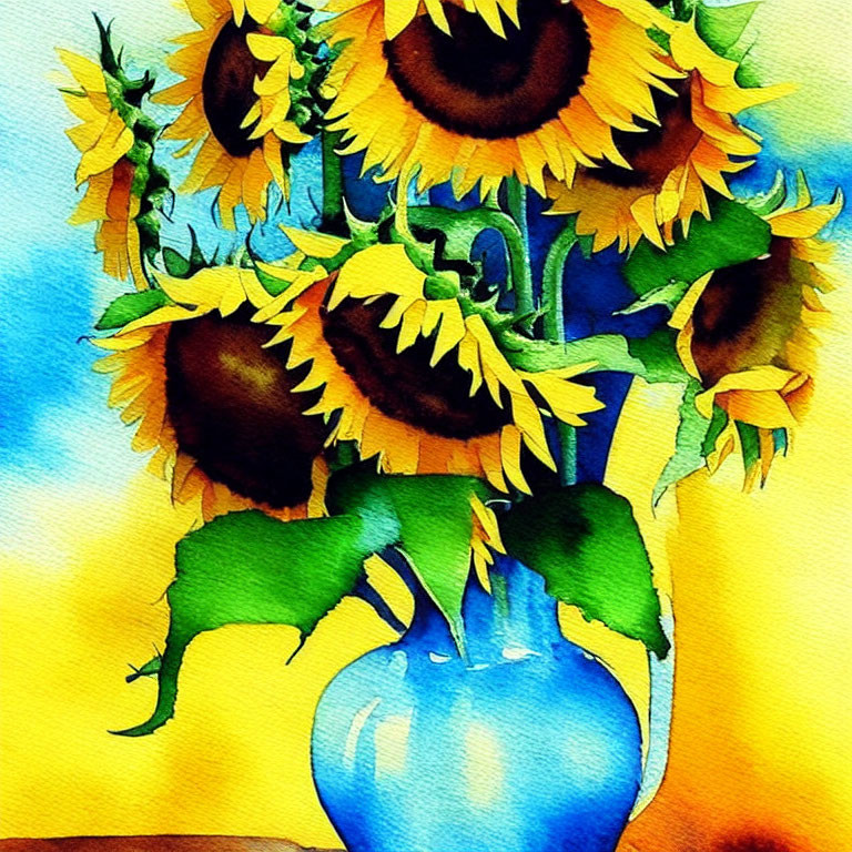 Colorful Watercolor Painting of Sunflowers in Blue Vase