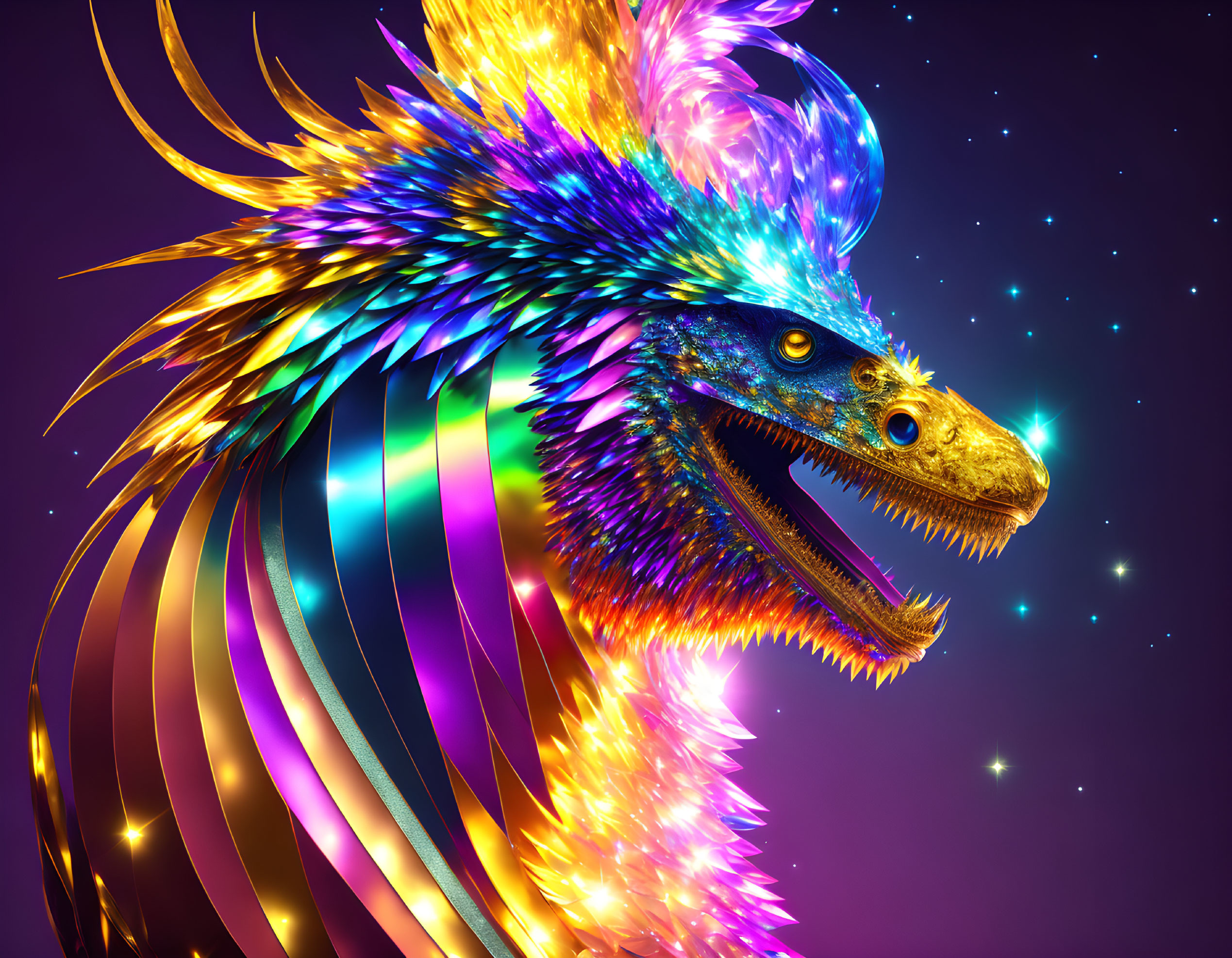 Colorful Digital Art: Mythical Dragon with Iridescent Scales on Purple Starry Background