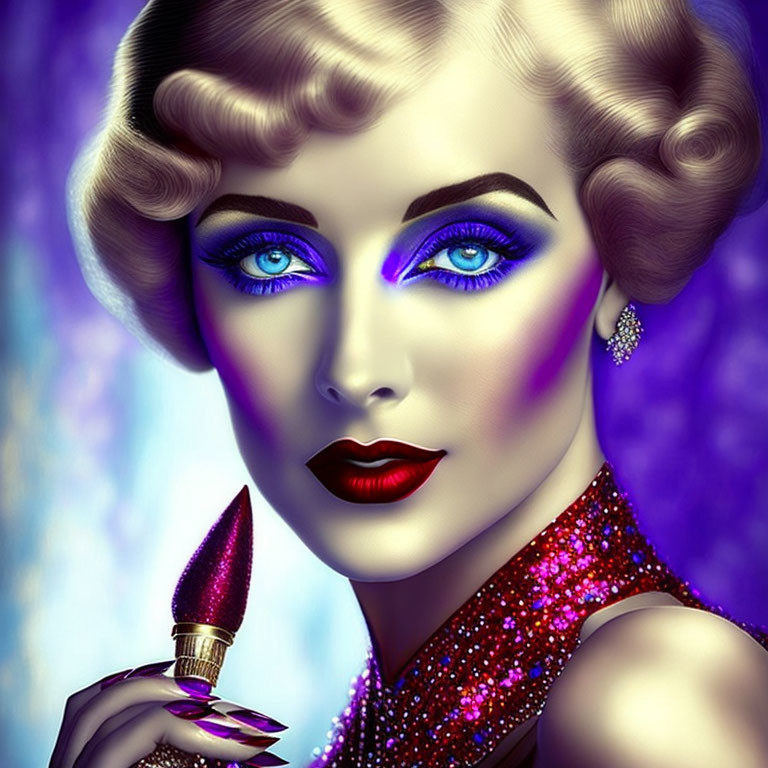 Illustration of woman with vintage glamor: blonde hair, blue eyeshadow, red lipstick,