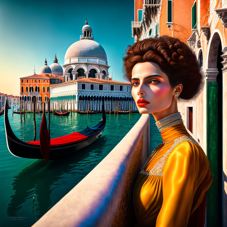 Illustrated woman in yellow dress on Venetian balcony with gondola and Basilica di Santa