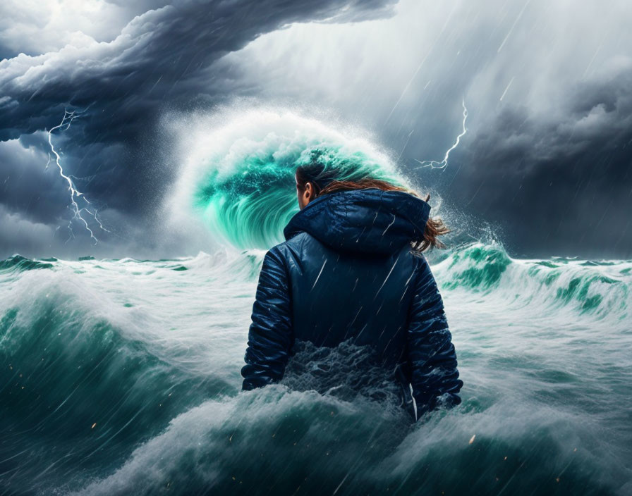 Person in Blue Jacket Confronts Stormy Sea with Towering Waves