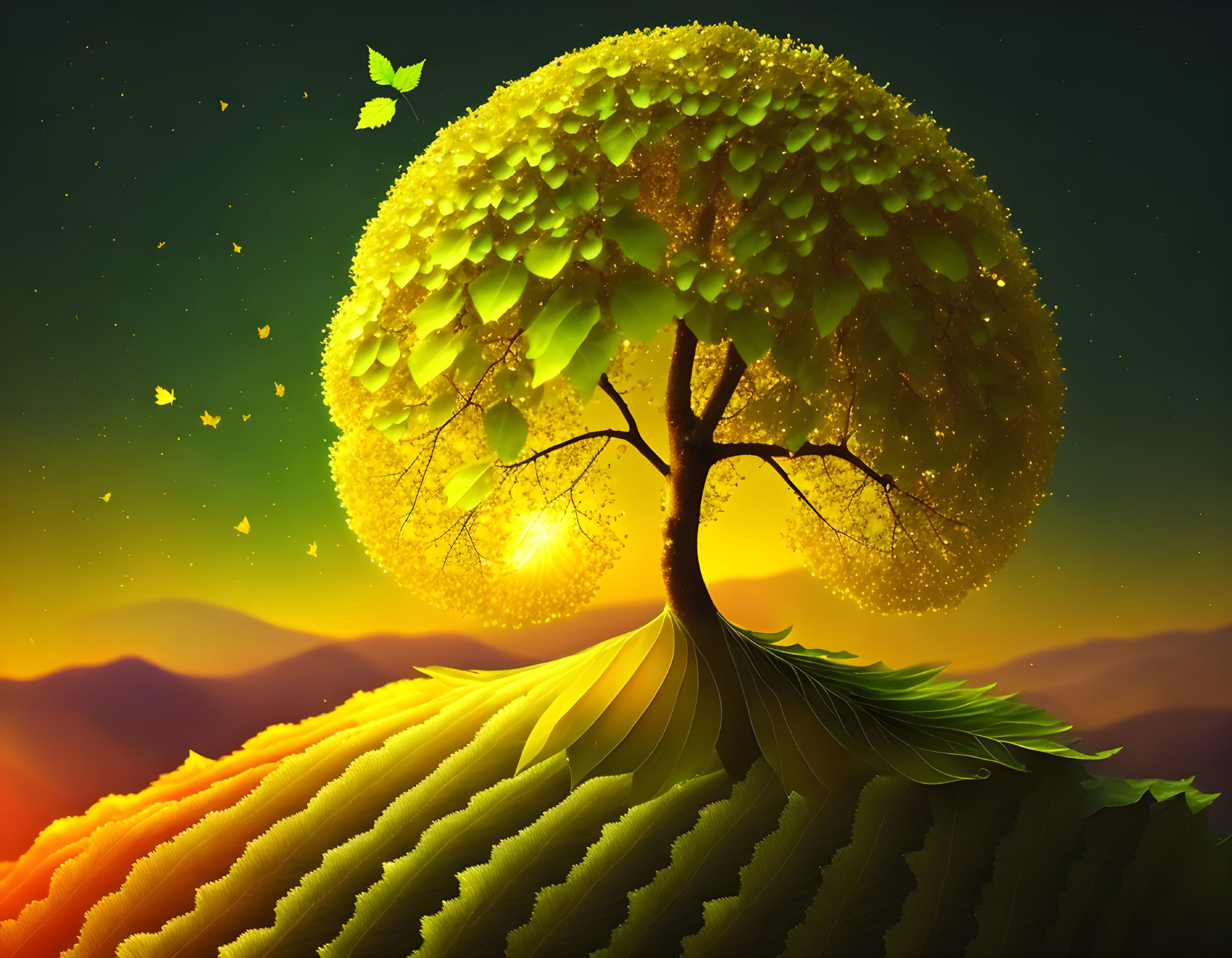 Luminous tree with radiant leaves on hilly terrain under starry twilight sky