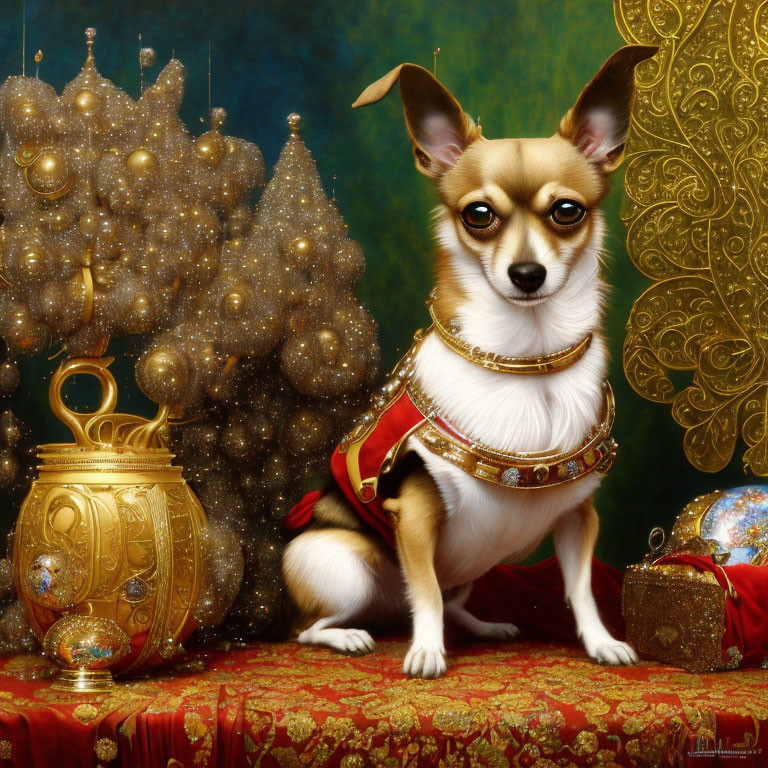 Regal Chihuahua in Golden Collar and Red Cape by Christmas Tree