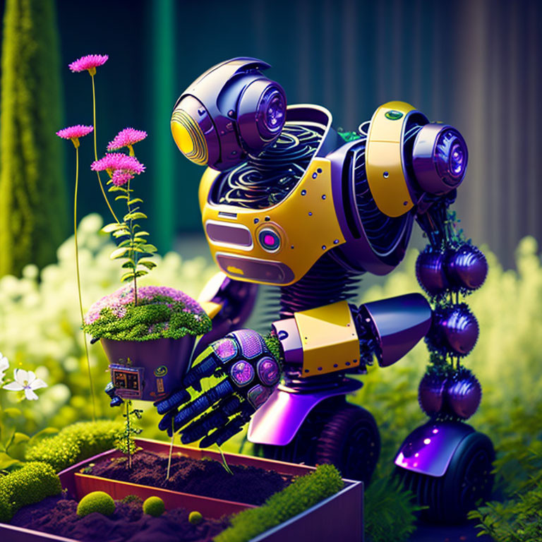 Colorful Robot Tending Blooming Garden Box