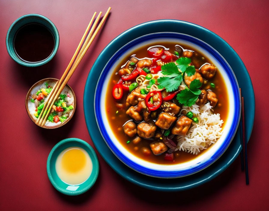 Colorful Tofu and Vegetable Rice Bowl with Dipping Sauce and Fresh Herbs