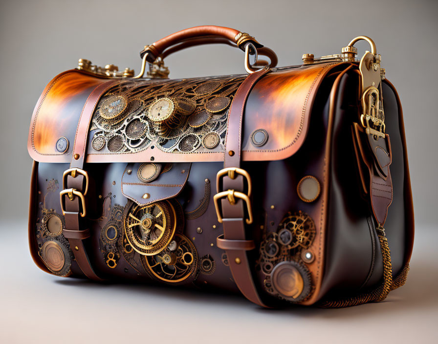 Steampunk-inspired leather doctor's bag with brass gears and polished finish