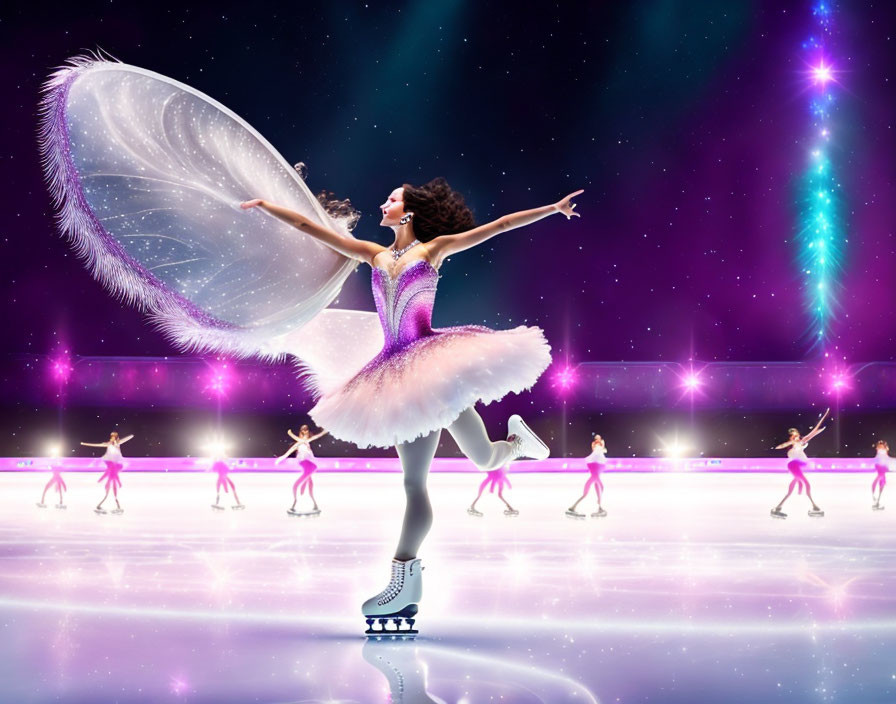 Vibrant figure skater in feather-like wing costume performs on ice