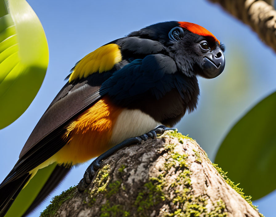 Adult Red-Tailed Monkey on Tree Branch with Green Leaves and Blue Sky