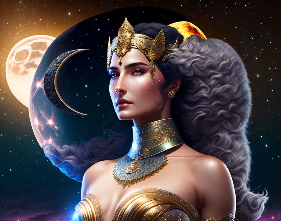 Fantasy illustration of woman with celestial adornments and moon/stars background.