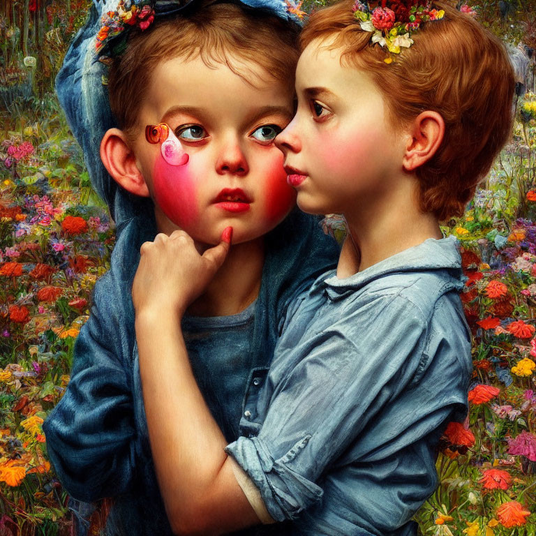 Two children with solemn expressions in front of vibrant floral backdrop