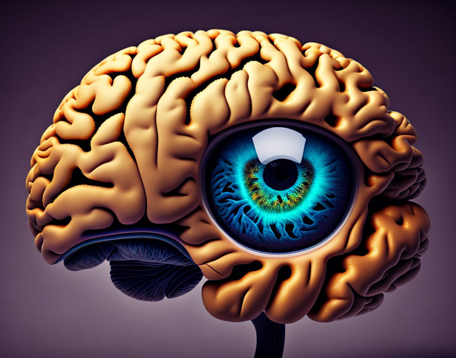 Surreal illustration of human brain with realistic blue eye on purple background