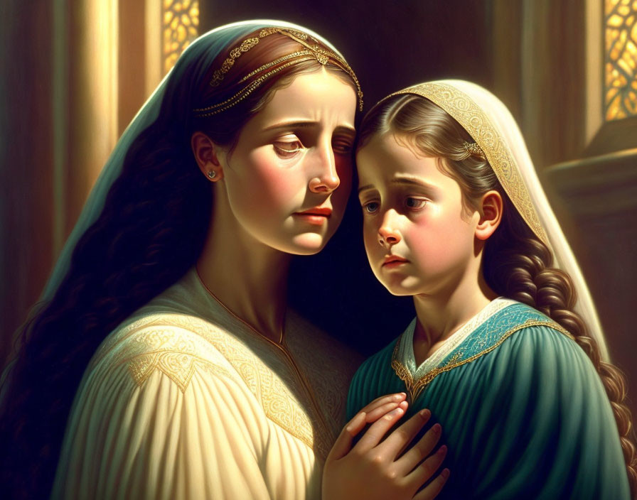 Historical attire digital painting of woman and girl in solemn expressions