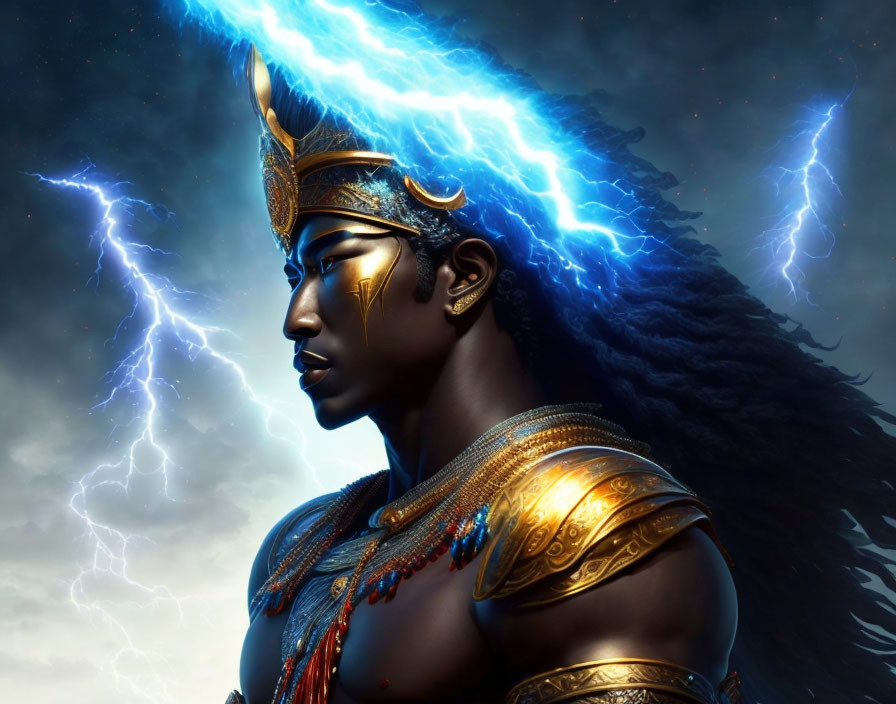 Regal figure in golden armor and crown under stormy sky with blue lightning.