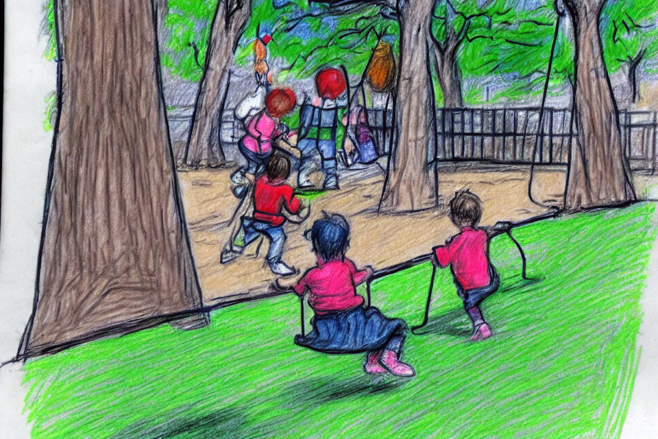 Kids playing in park with swings and trees, colored pencil drawing of green grass and fenced background.