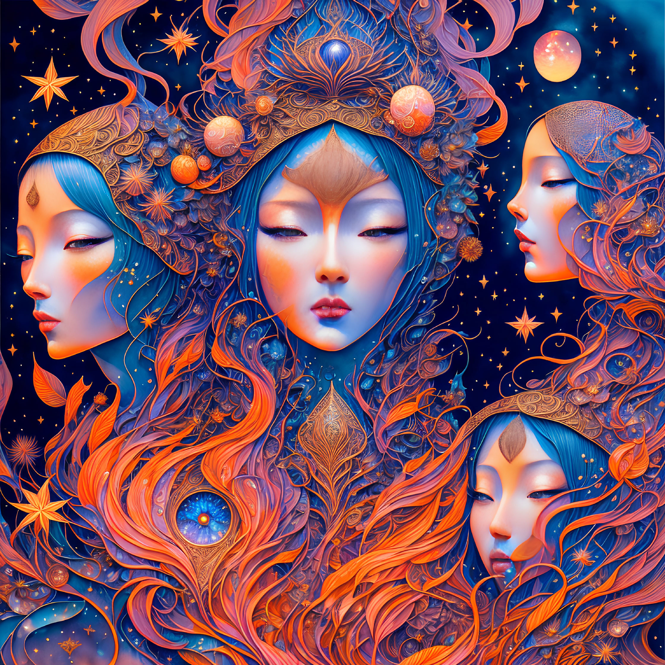 Colorful Cosmic Digital Artwork: Stylized Female Faces with Celestial Bodies and Patterns on Star