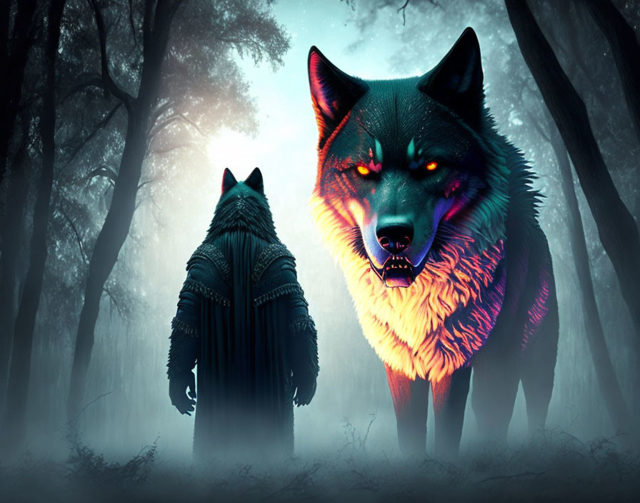 Mysterious figure confronts luminous wolf in foggy forest