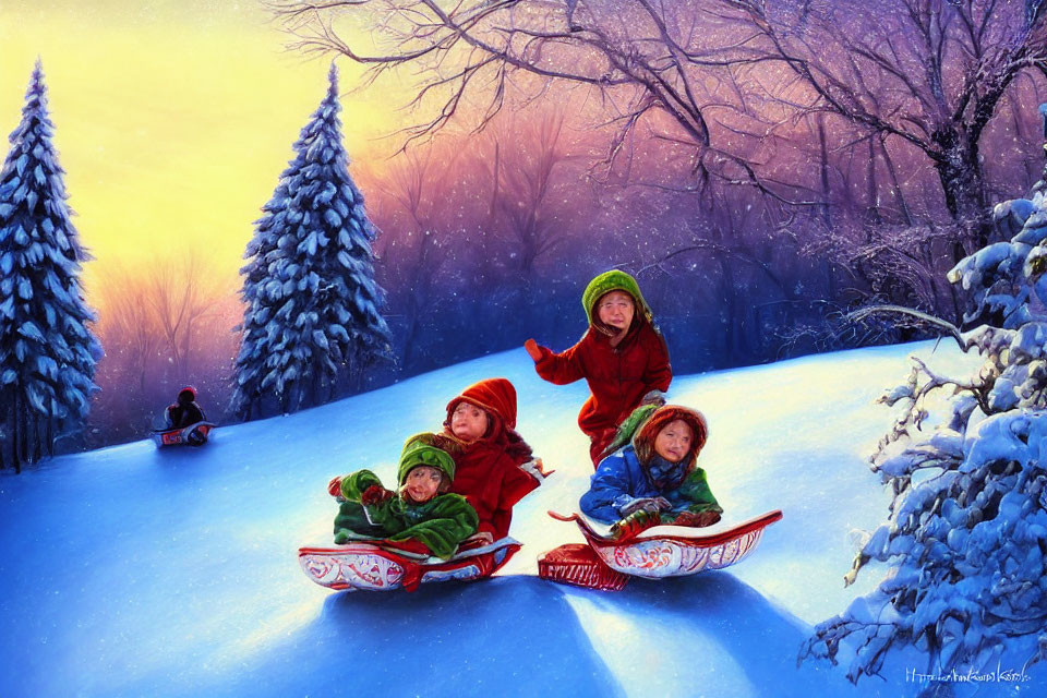 Kids sledding on snowy hill at dusk with vibrant sky and trees