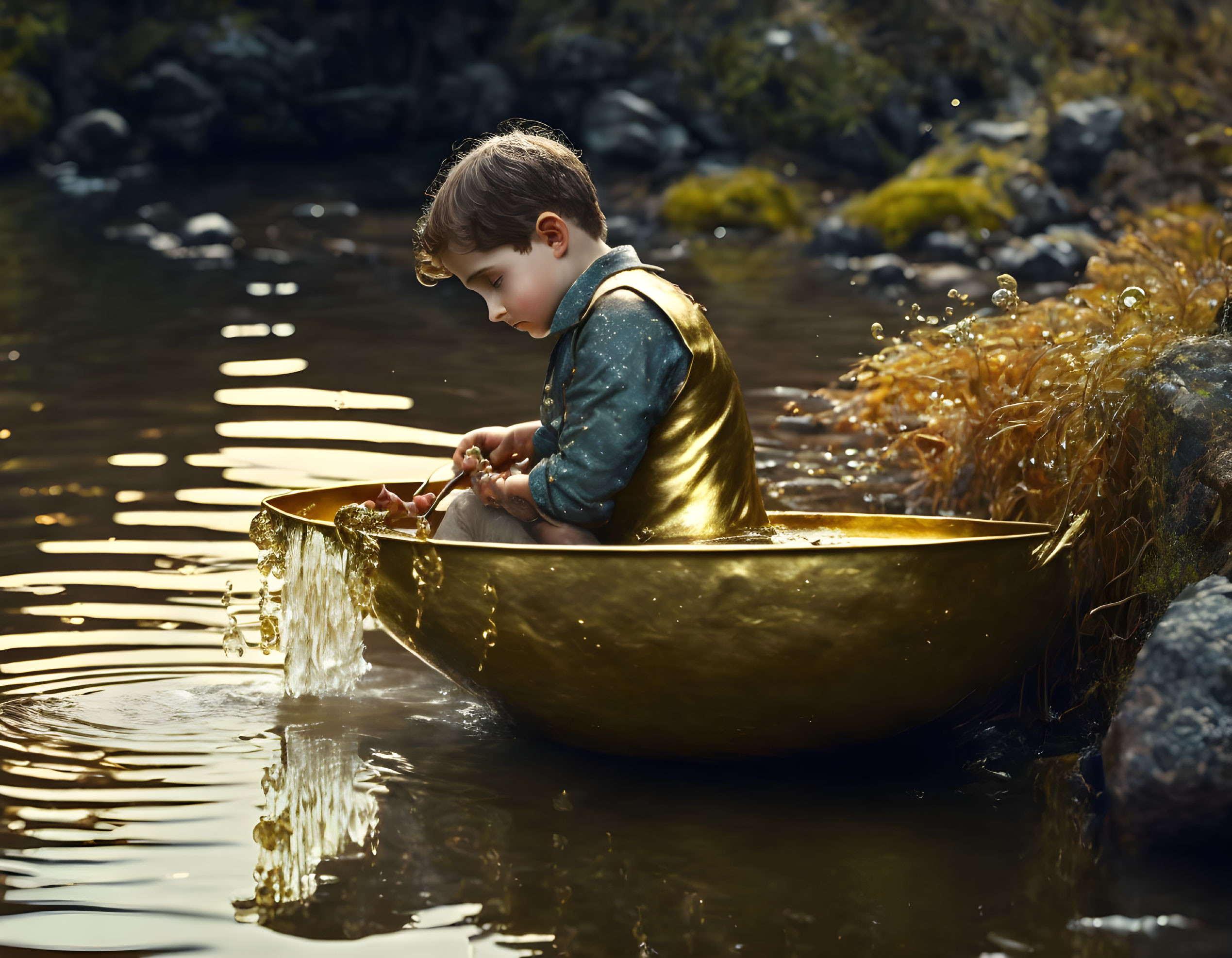 Child playing in golden bowl by riverbank at dusk